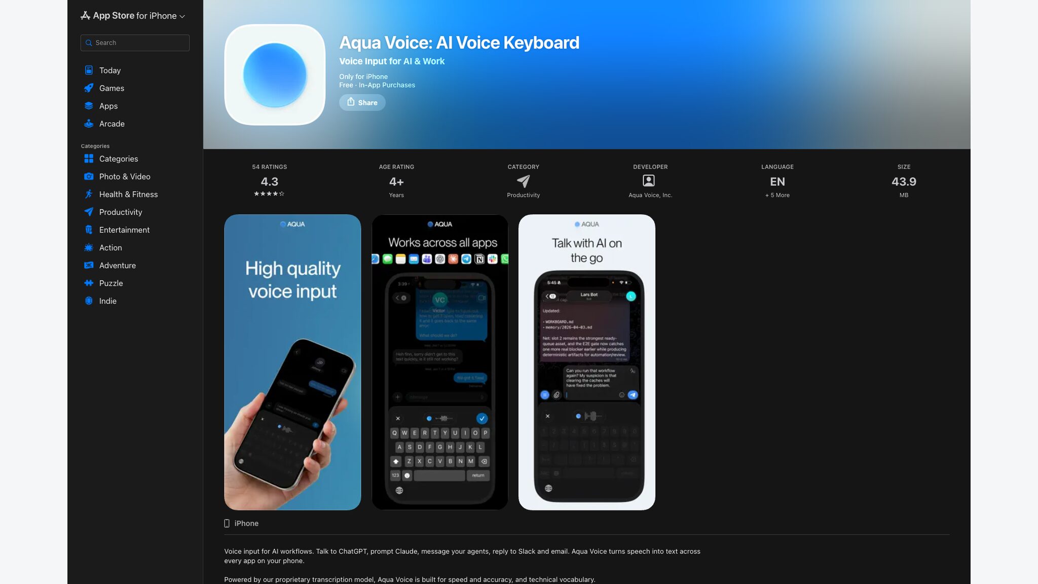 App StoreのAqua Voice: AI Voice Keyboardアプリ配信ページのスクリーンショット。iOSでの提供を示す