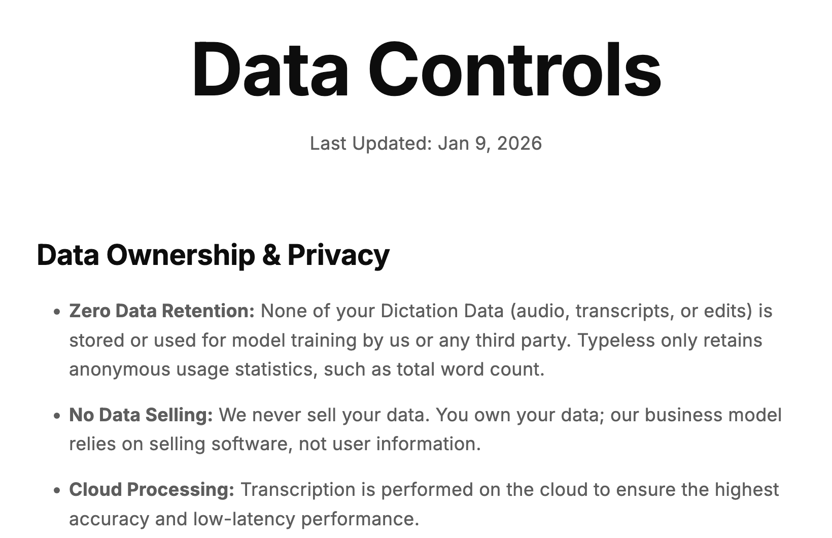 Typeless公式Data Controlsページの上部を横長で切り出し、利用者が操作するスイッチ類が存在せず方針の記載だけが並ぶことがわかる画面