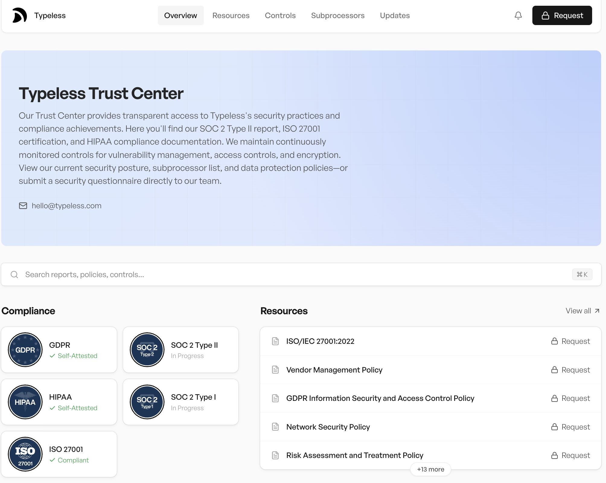 Typeless公式Trust Centerのトップ画面。上部の紹介文にSOC 2レポート等への言及があり、下部のCompliance欄ではGDPRとHIPAAがSelf-Attested、SOC 2 Type IとType IIがIn Progress、ISO 27001がCompliantと表示されている