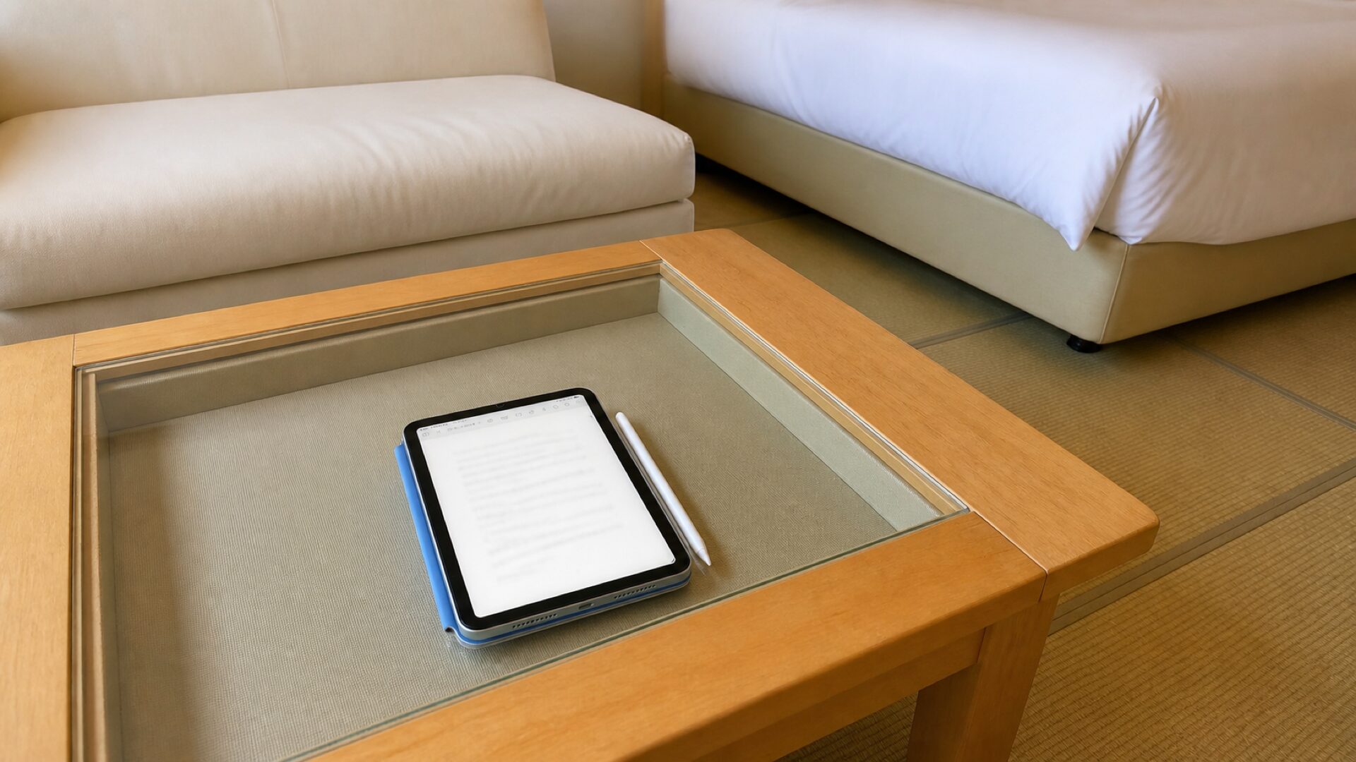 旅行先の客室のテーブルに置いたiPad miniとApple Pencil